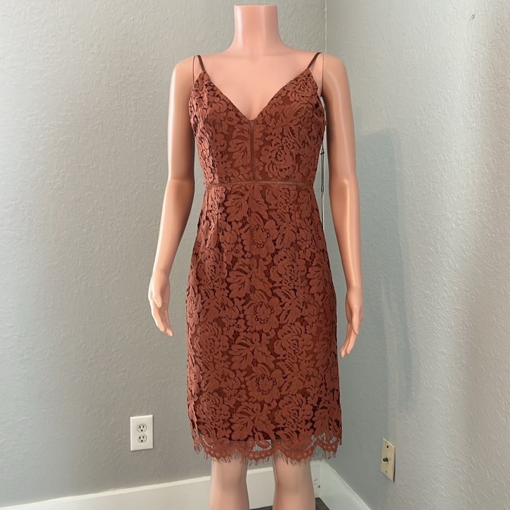 ASTR the Label BROWN Lattice Inset Lace V Neck Mini Dress NEW Sz MEDIUM NWT #139